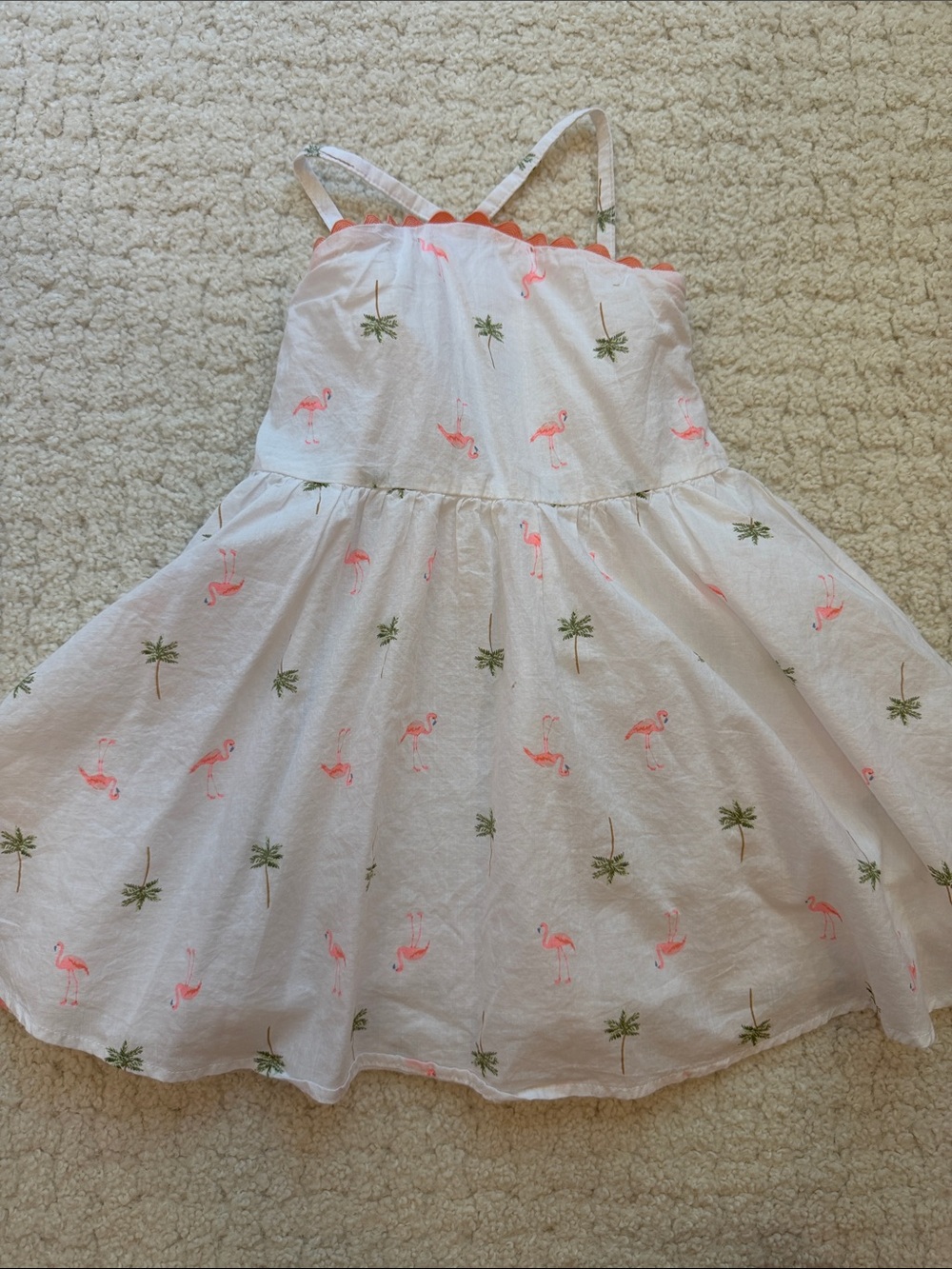 Janie and Jack White Dress with Pink Flamingo and Green Palm Print